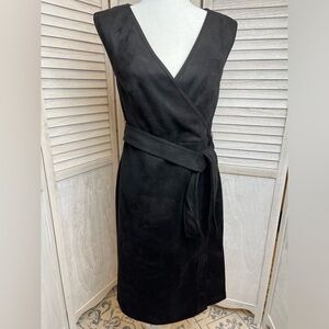AnnTaylor black microfiber dress sz2.waist tie.Knee length w/slit.sleeveless